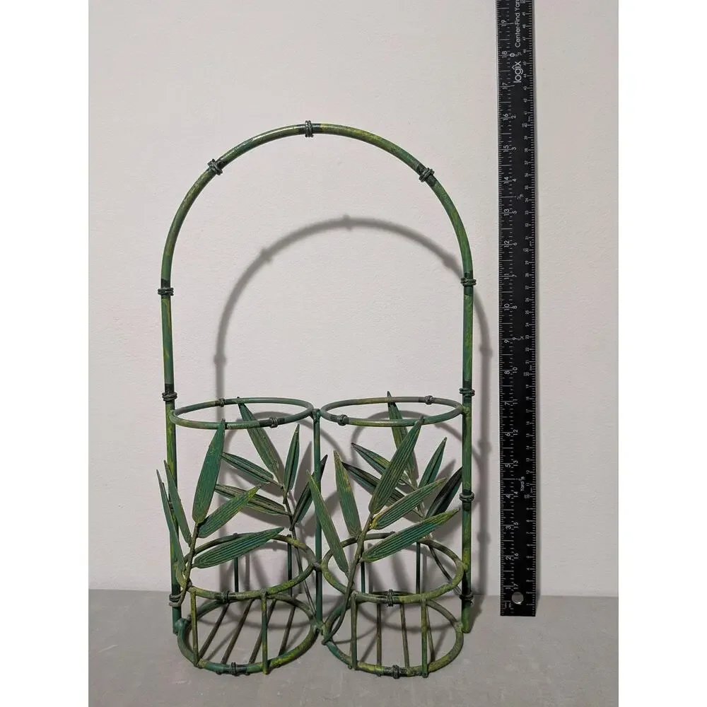 Vintage Green Metal Bamboo Wine Rack Tabletop Holder 16